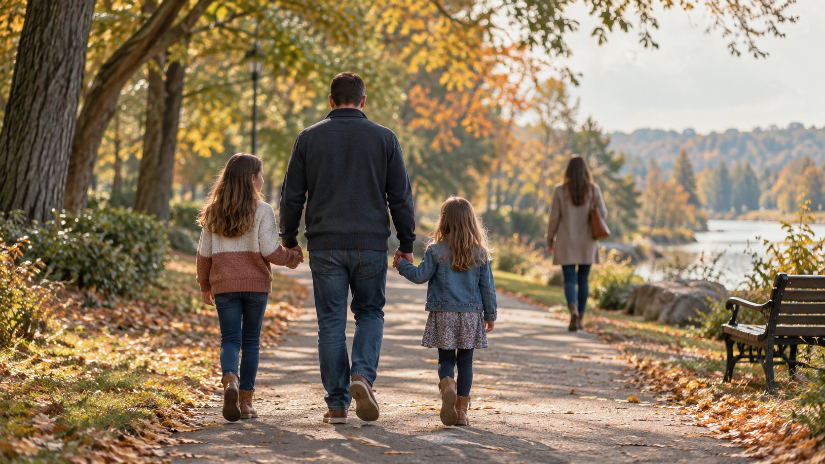 A father walking with his two daughters on a quiet autumn path, with their mother farther ahead